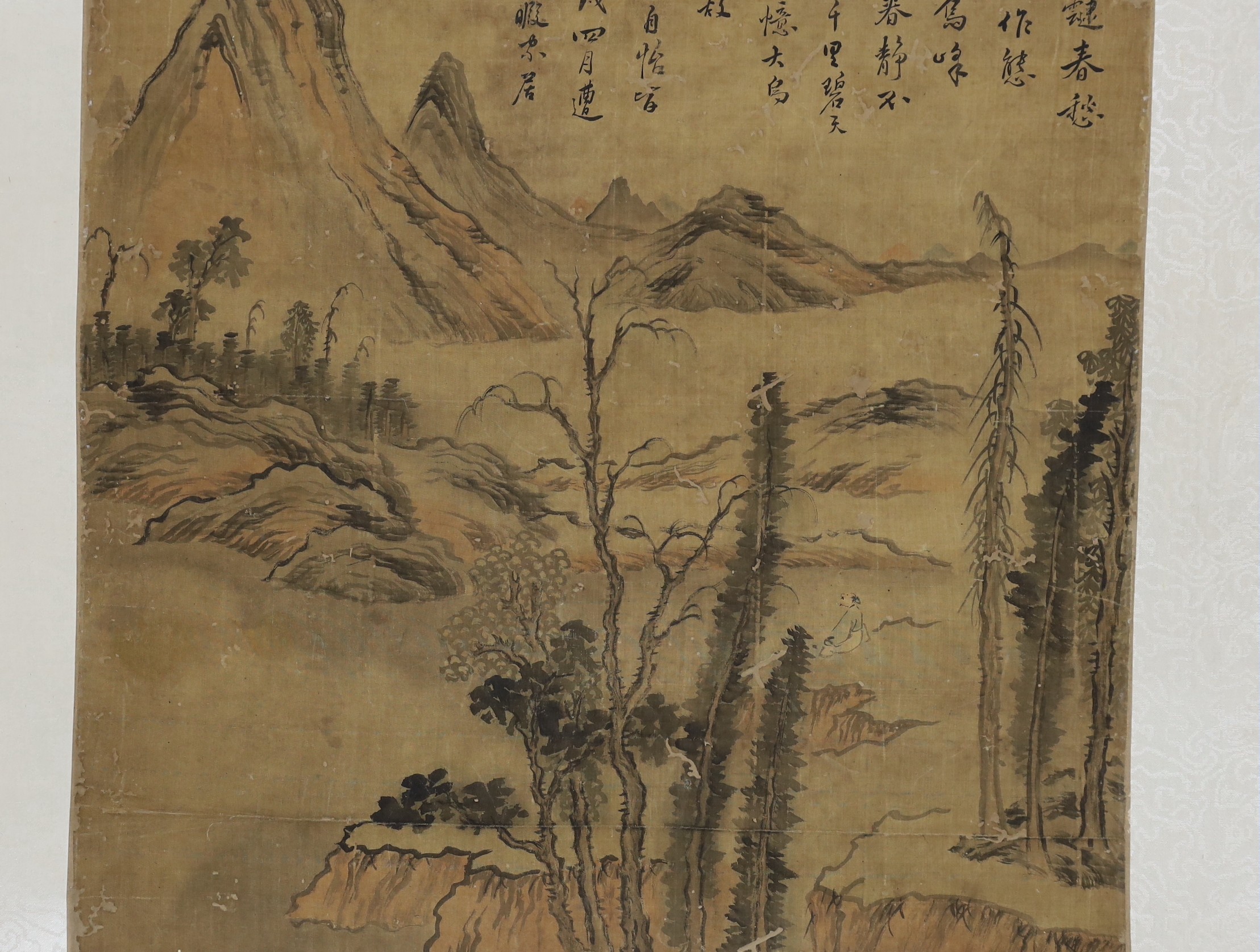 A Chinese scroll painting on silk of a sage in a mountainous river landscape, 18th/19th century, image 69.5cm x 44cm